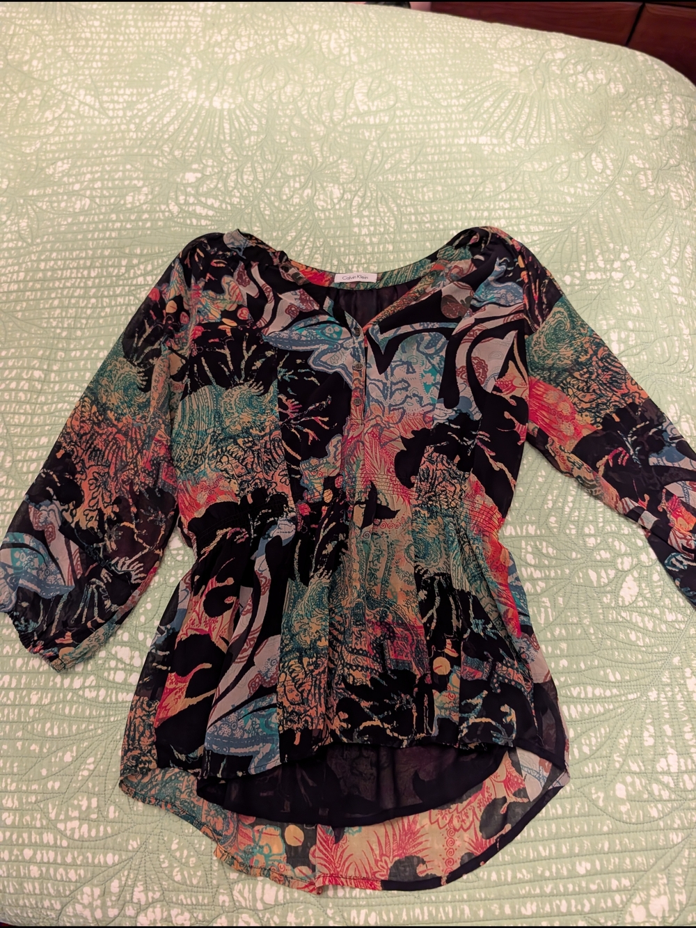 Calvin Klein Sheer Multi-Color Printed V-Neck Blouse
